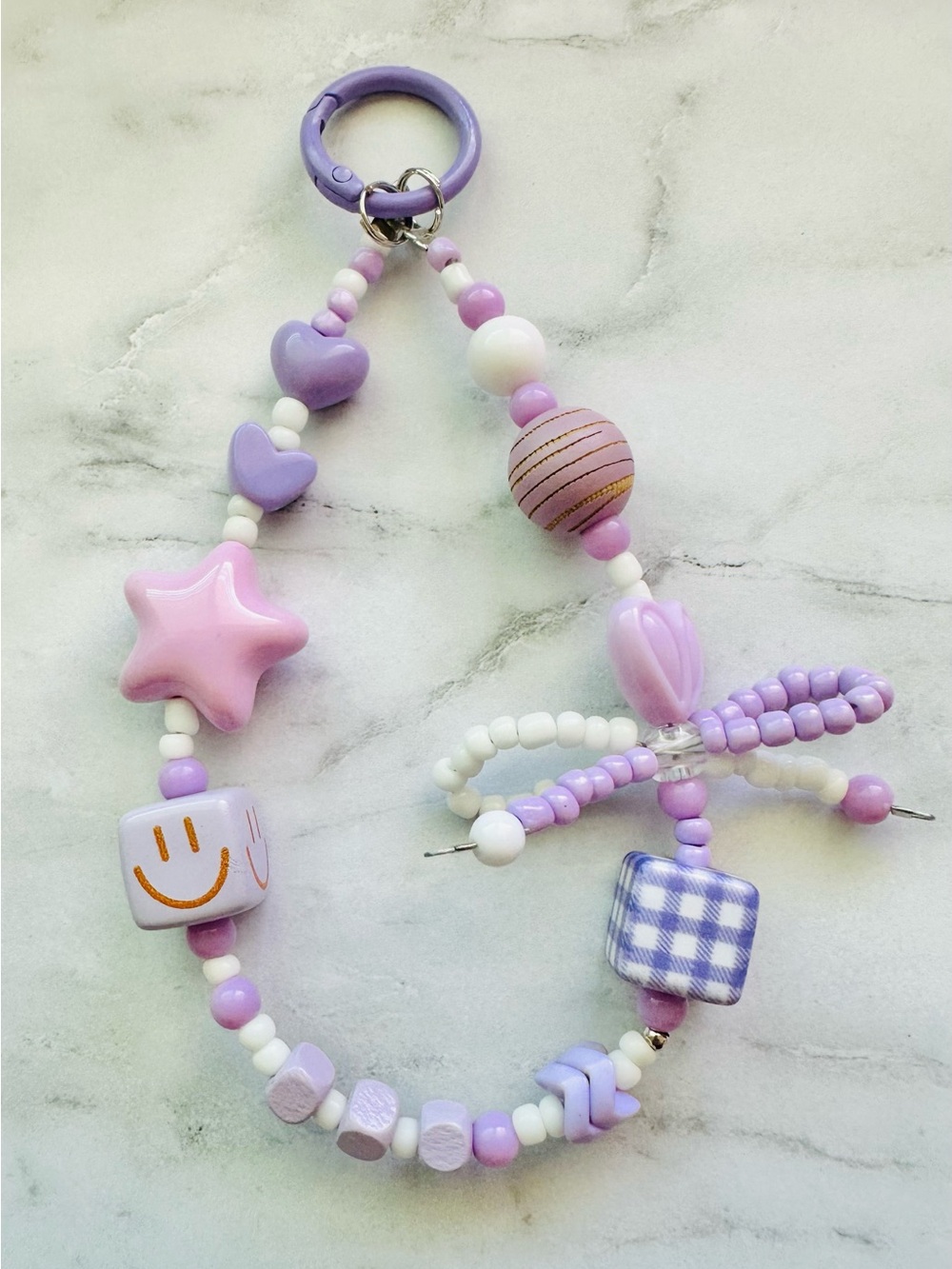 Lilac Beaded Keychain or Phone Wrap Charm with Smiley Cube